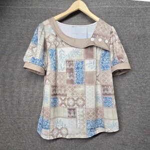 Patchwork Print Asymmetrical Button Neck Blouse Tan Blue Short Sleeve Large Boho